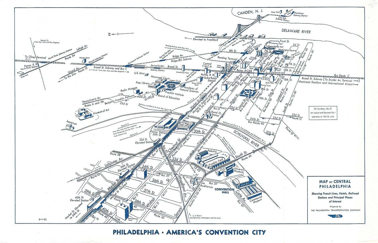 1952 Map of Philadelphia America's Convention City