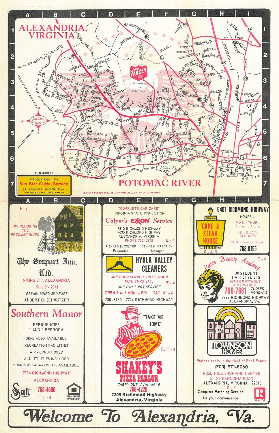 1975 Map of Alexandria Va. with adverts from the Wagon Wheel Motel
