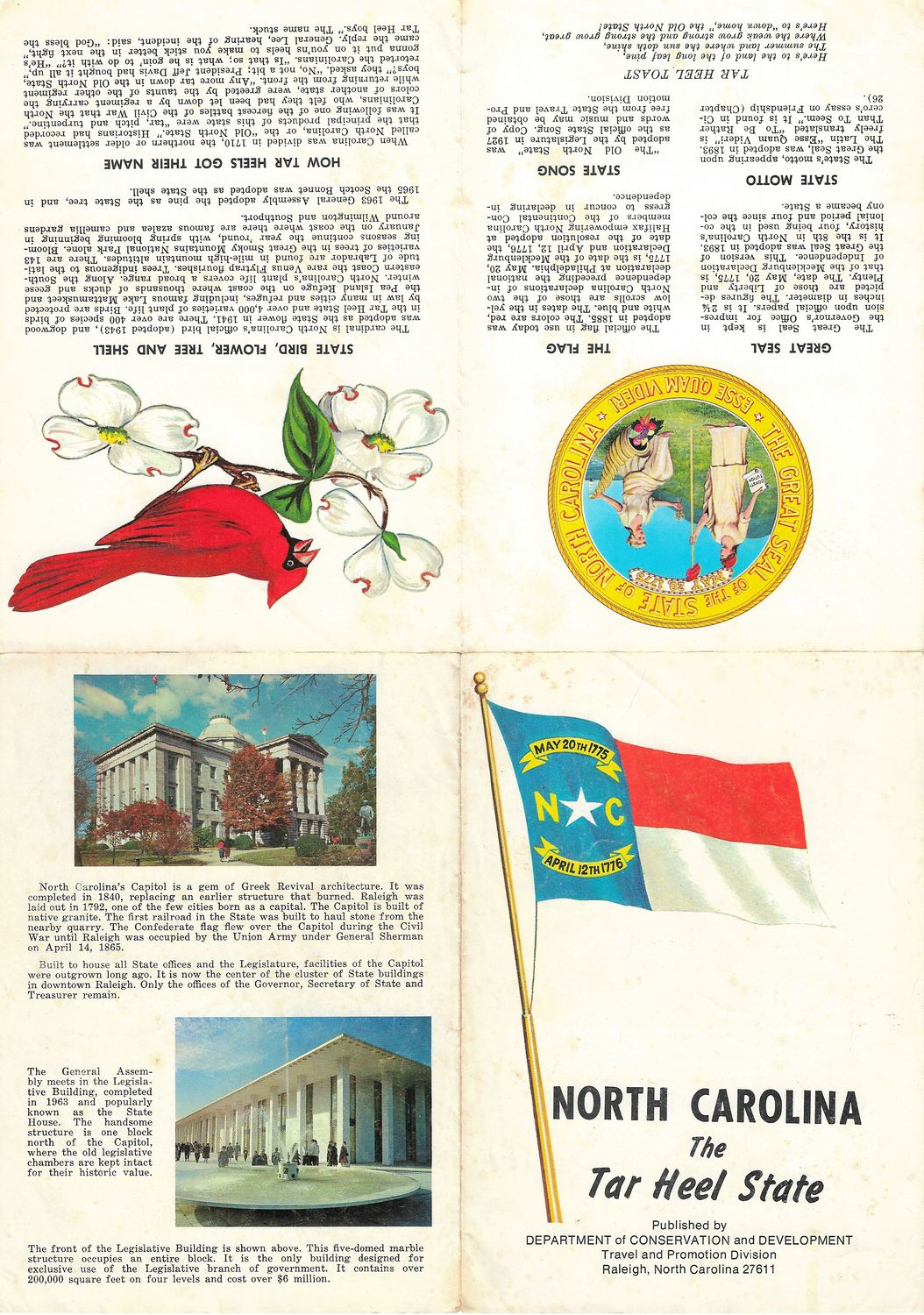 1958 Map and Facts sheet on North Carolina The Tar Heel from the State Dept. of Conservation