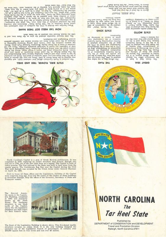 1958 Map and Facts sheet on North Carolina The Tar Heel from the State Dept. of Conservation