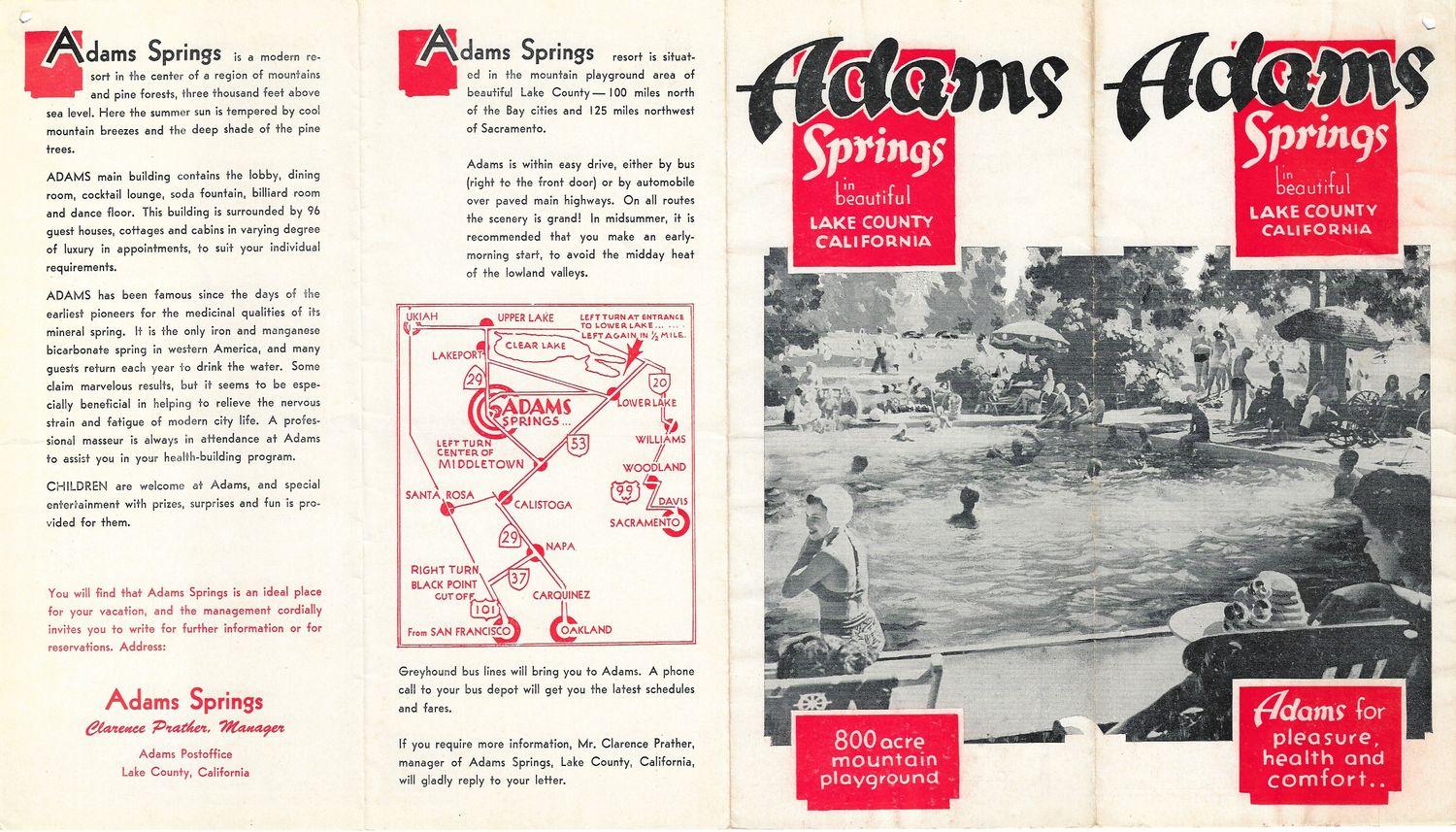 1955 Tourist Map of Adams Springs Lake County CA