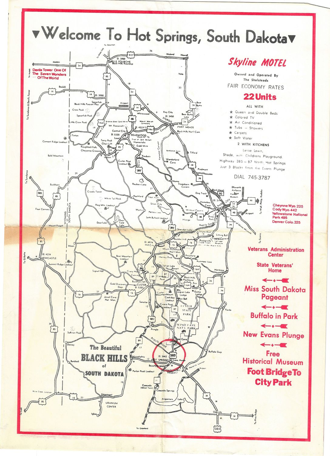 1972 Welcome Map to Hot Springs South Dakota  &amp; the Black hills