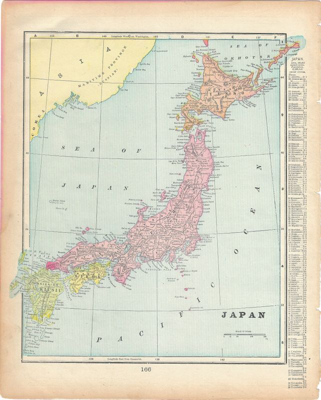 1903 Map of Japan with China on reverse by People's Atlas