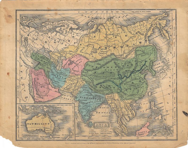 1829  Map of Asia with the Great Wall , Universities and Colleges , missionary stations by Woodbridge