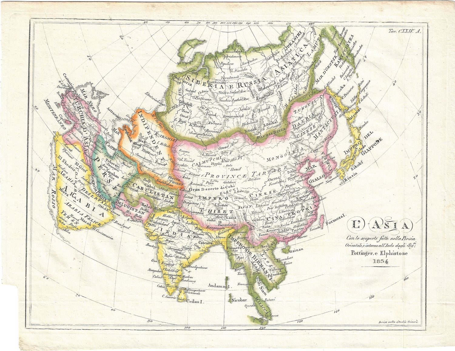 1834 L&#39;Asie  Map of Asia by  Pottinger e. Elphistone