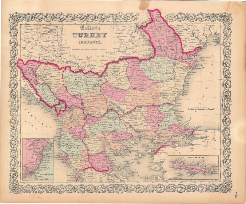1855 Map of Turkey in Europe by JH Colton w/ original hand color 