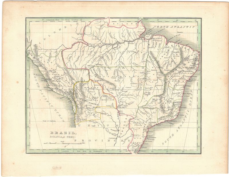 1835 Map of Brazil, Bolivia, Peru w/ hand color and text by Bradford 