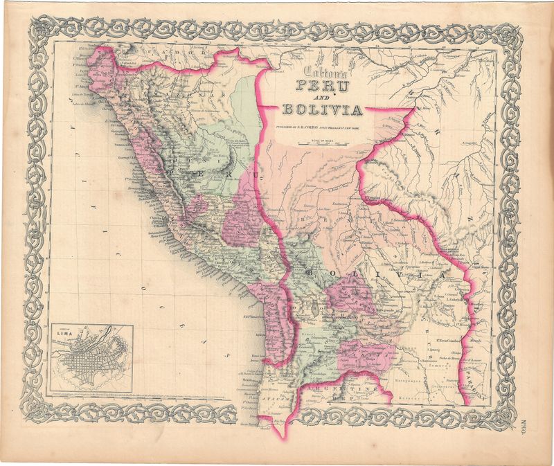 1855 Map of Peru and Bolivia with insert of Lima by JH Colton