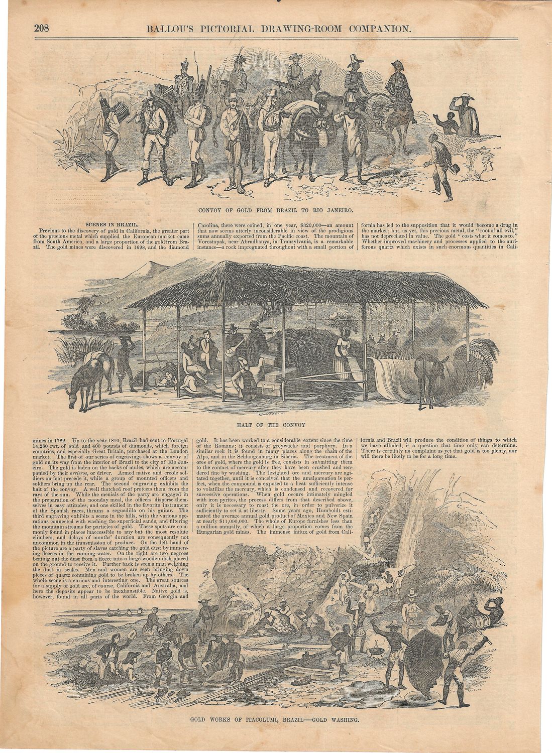 1856 Ballou&#39;s Pictorial Newspaper Gold Mining Scenes in Brazil