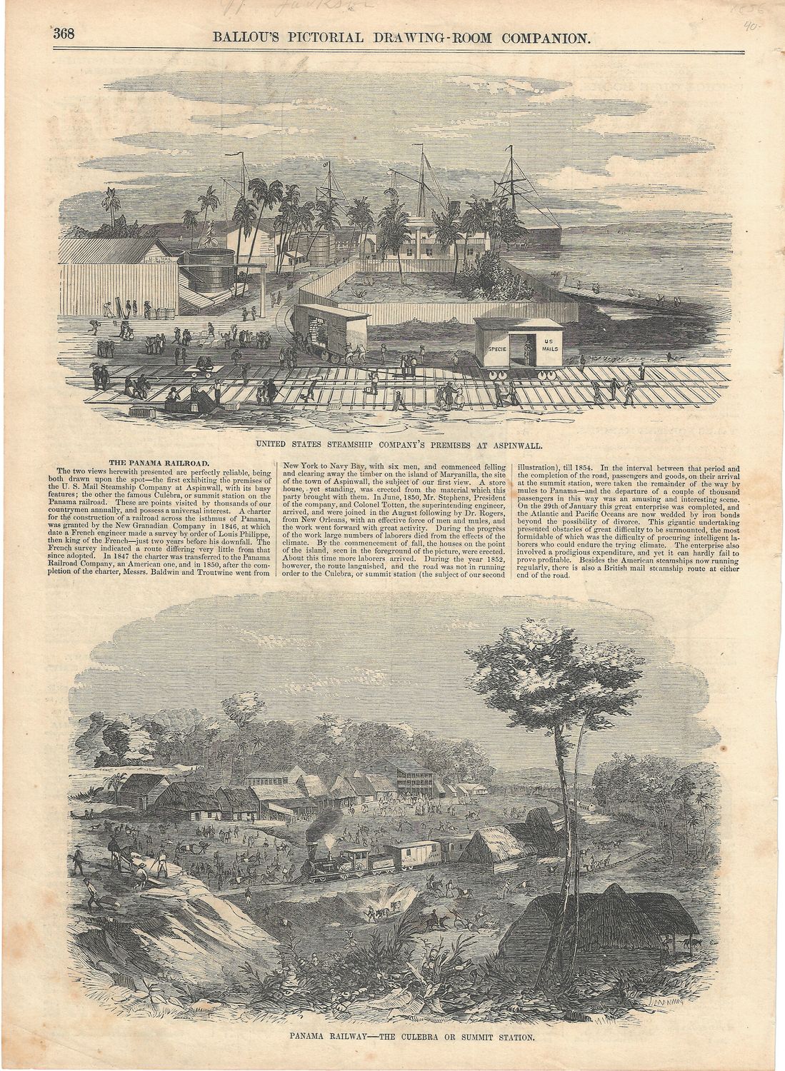 1856 Ballou&#39;s Pictorial Newspaper View of the Panama Railway -Route to California