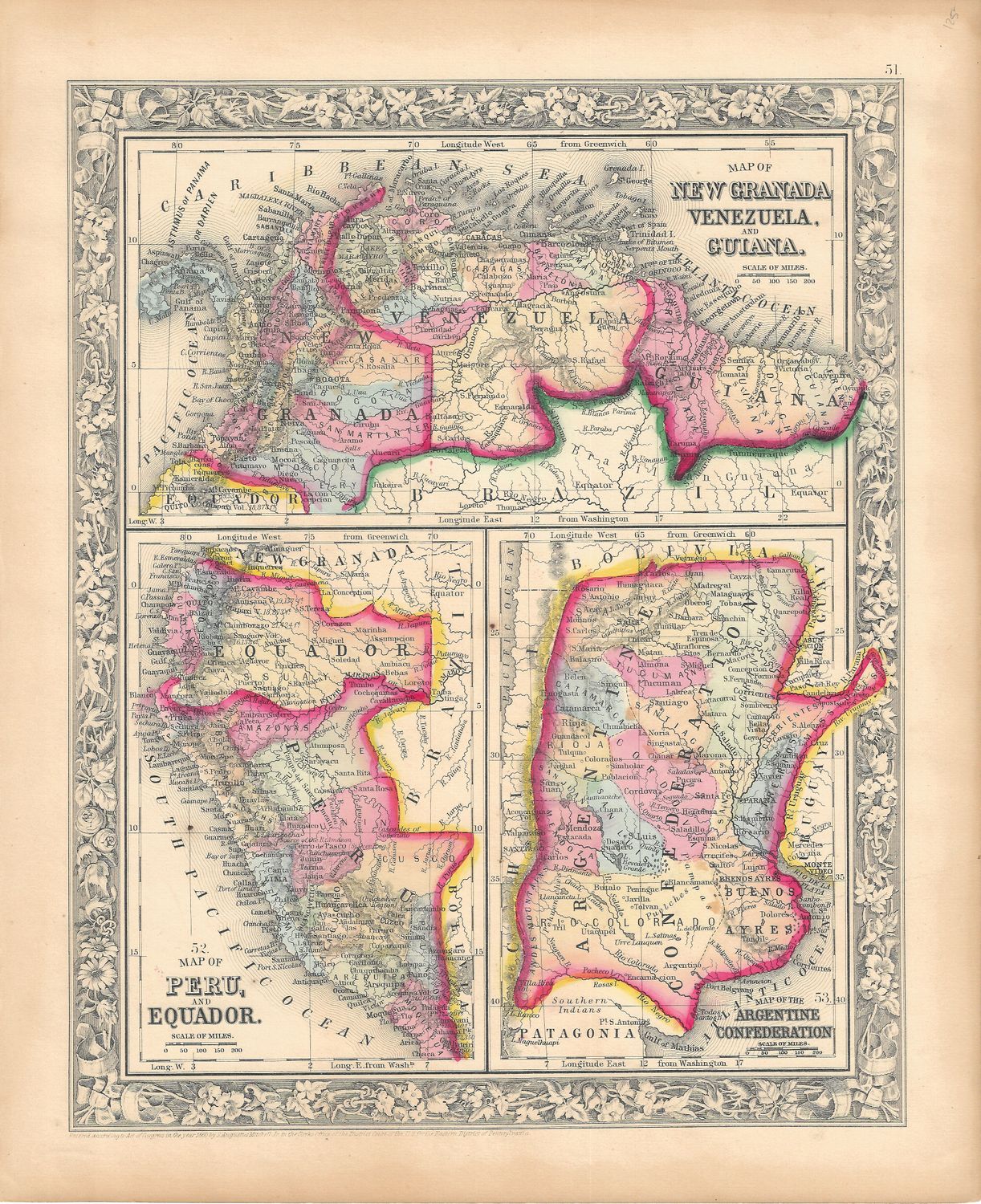 1860 Map of New Granada, Venezuela, Guiana, Peru, Ecuador &amp; the Argentine Confederation by Mitchell