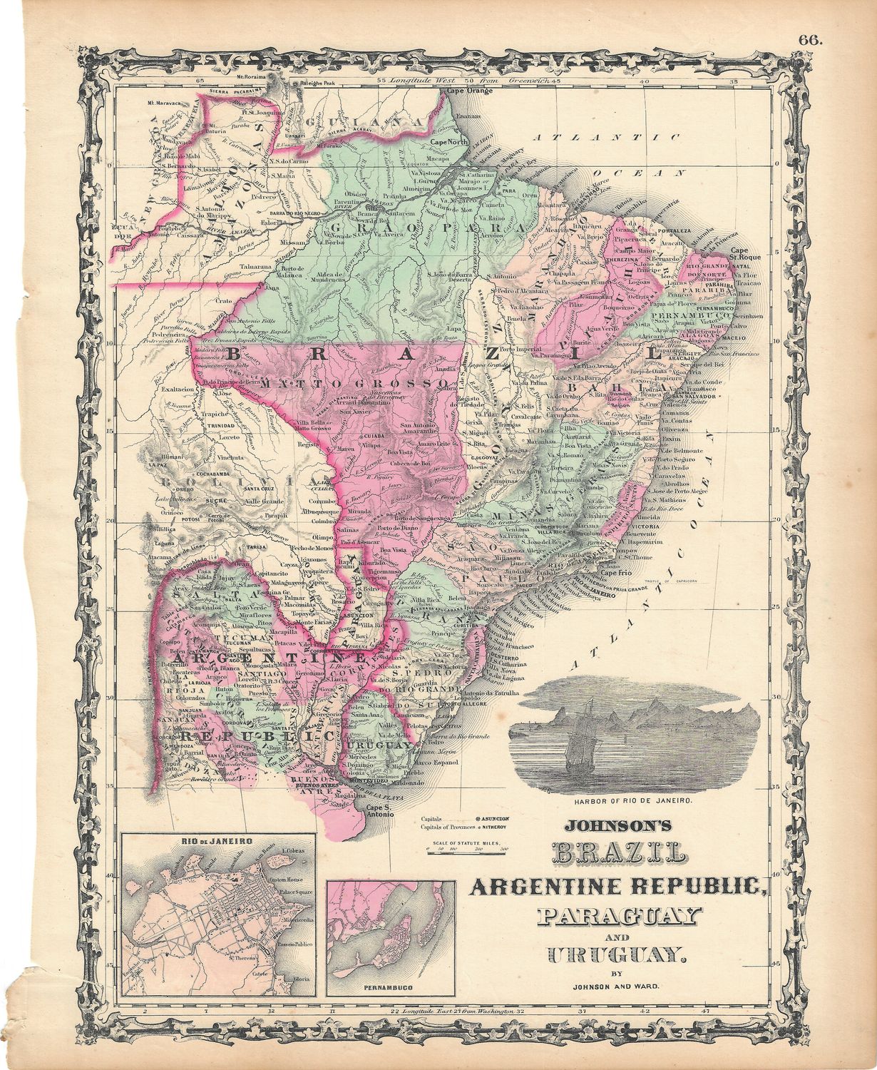 1862  Map of Brazil, Argentine Republic, Paraguay and Uruguay by Johnson &amp; Ward 