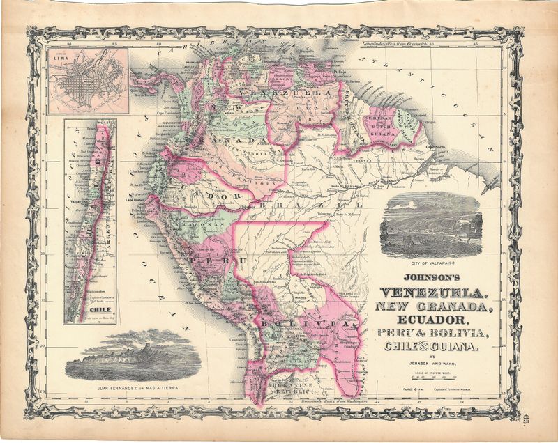 1862 Map of Venezuela, New Granada,Ecuador,Peru, Bolivia, Chile and Guiana by Johnson &amp; Ward 