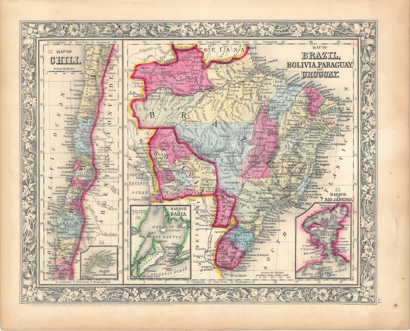 1866 (1860) Map of Brazil, Bolivia, Paraguay and Uruguay by S.Augustus Mitchell