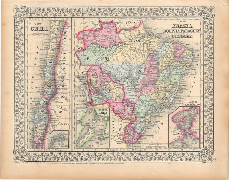 1867 Map of Brazil, Bolivia, Paraguay, Urugauay and Chili by S. Augutus Mitchell