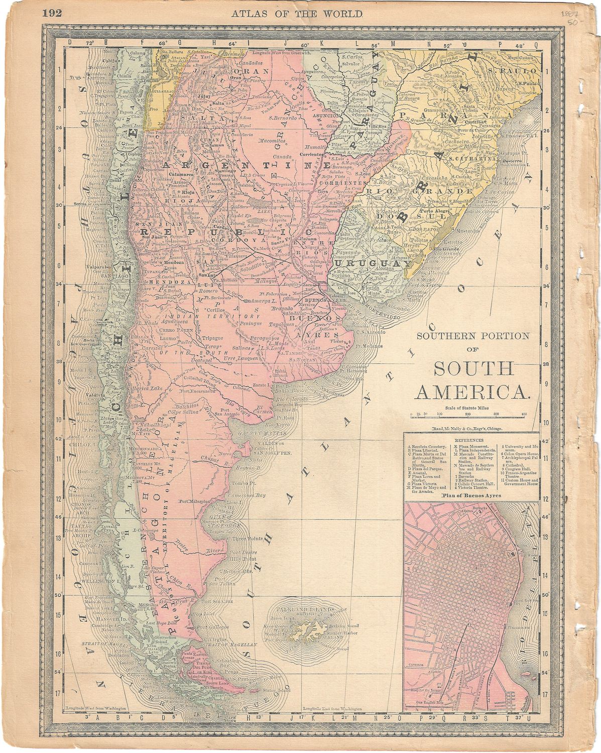 1887 Map of South America - Southern Portion from the Atlas of the World by McNally
