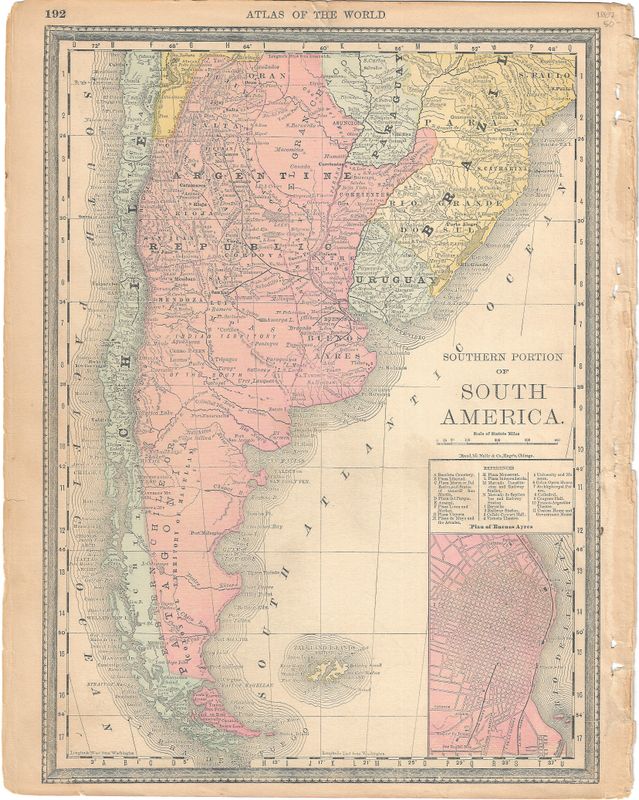 1887 Map of South America - Southern Portion from the Atlas of the World by McNally