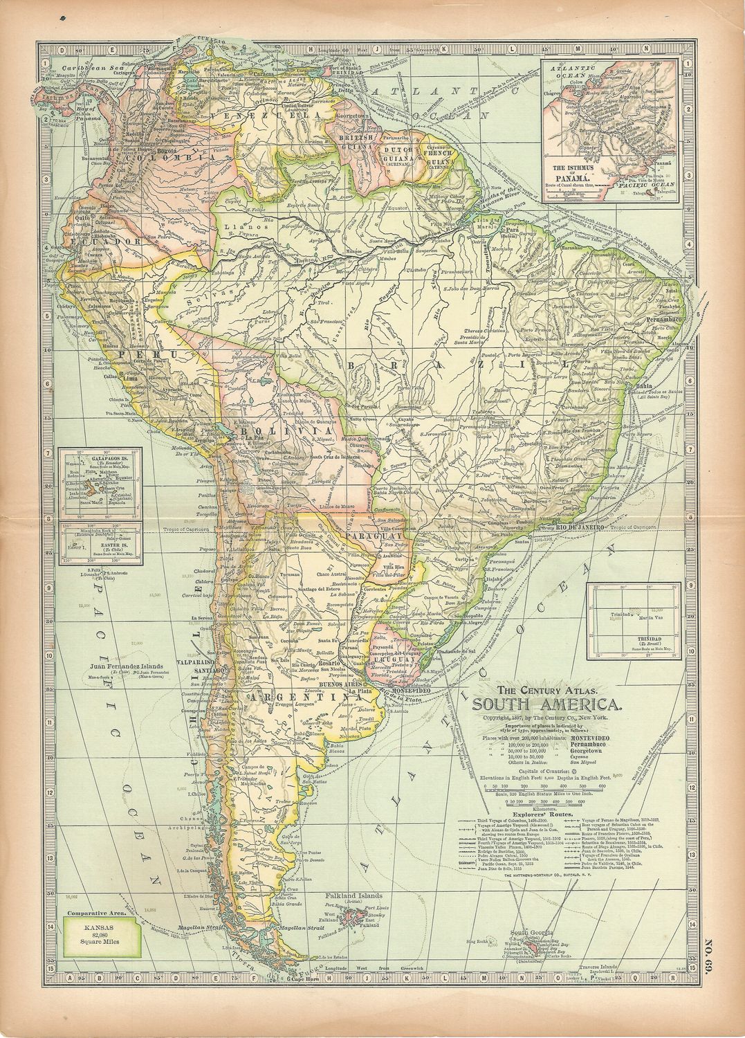 1897 Century Atlas Map of South America