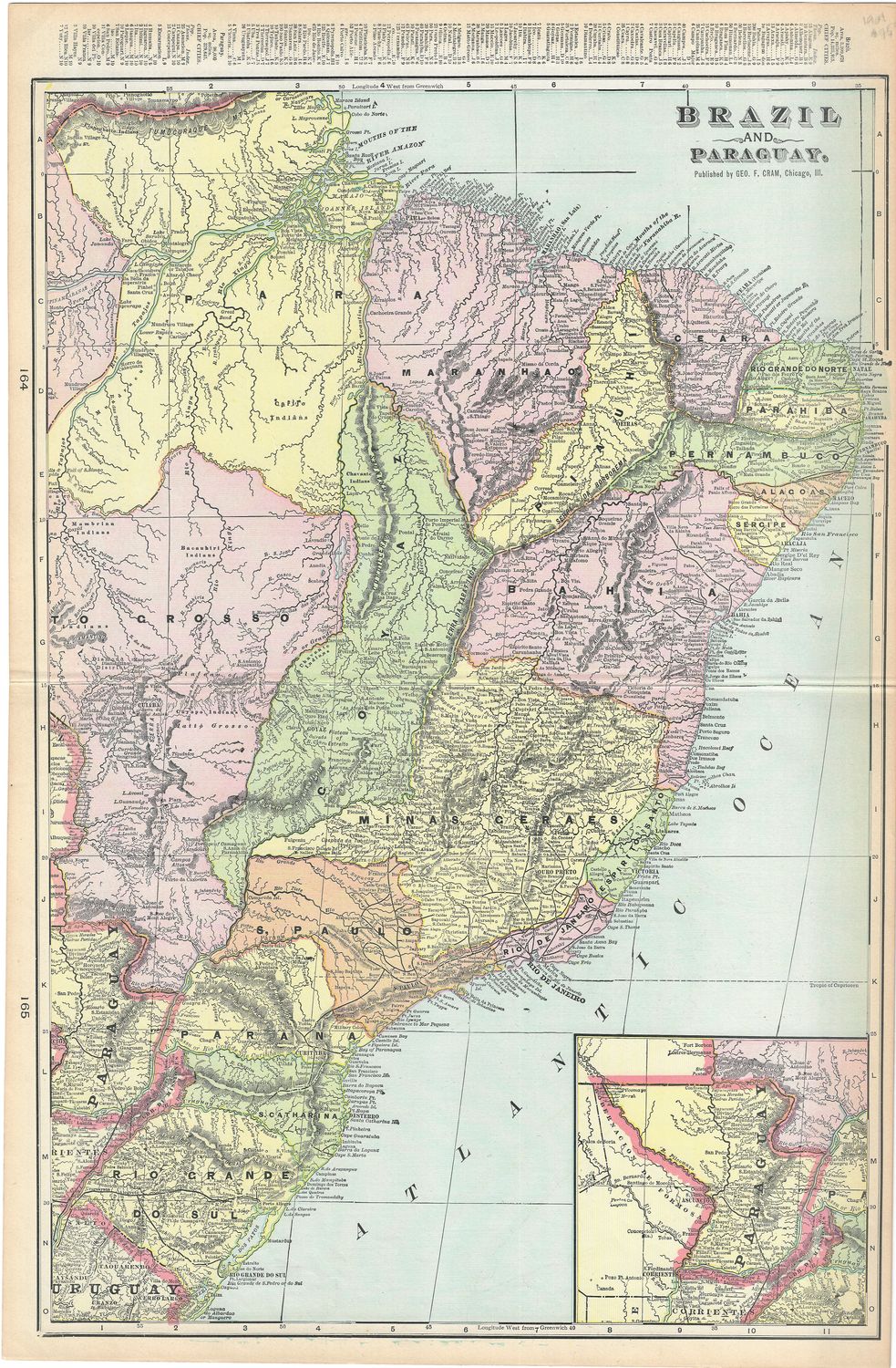 1901 Map of Brazil and Paraguay by George Cram