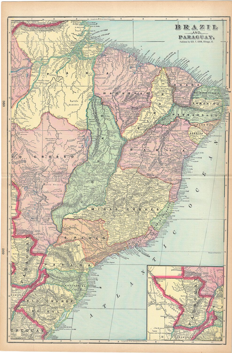 1908 Map of Brazil and Paraguay by George Cram