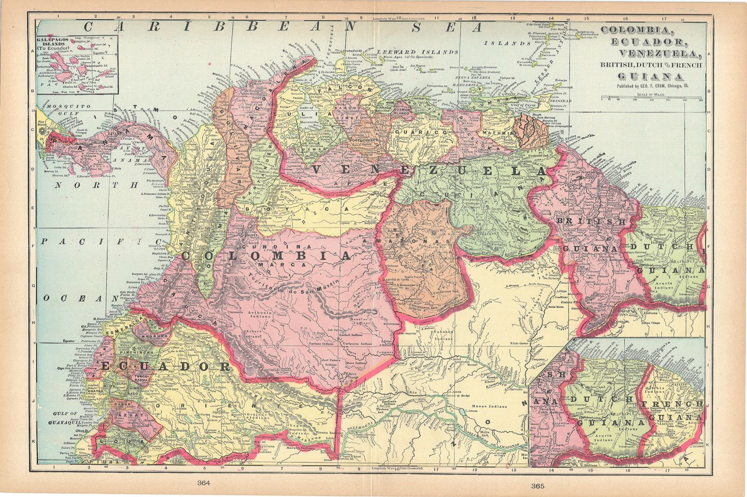 1908 Map of Colombia, Ecuador, Venezuela &amp; Guiana by George Cram