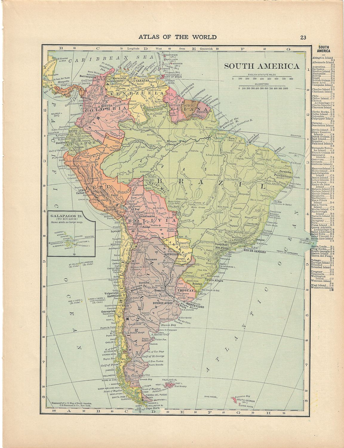 1910 Hammond Map of South America  with Ecuador, Peru, Colombia, Venezuela &amp; Brazil w/ Rio inset on reverse
