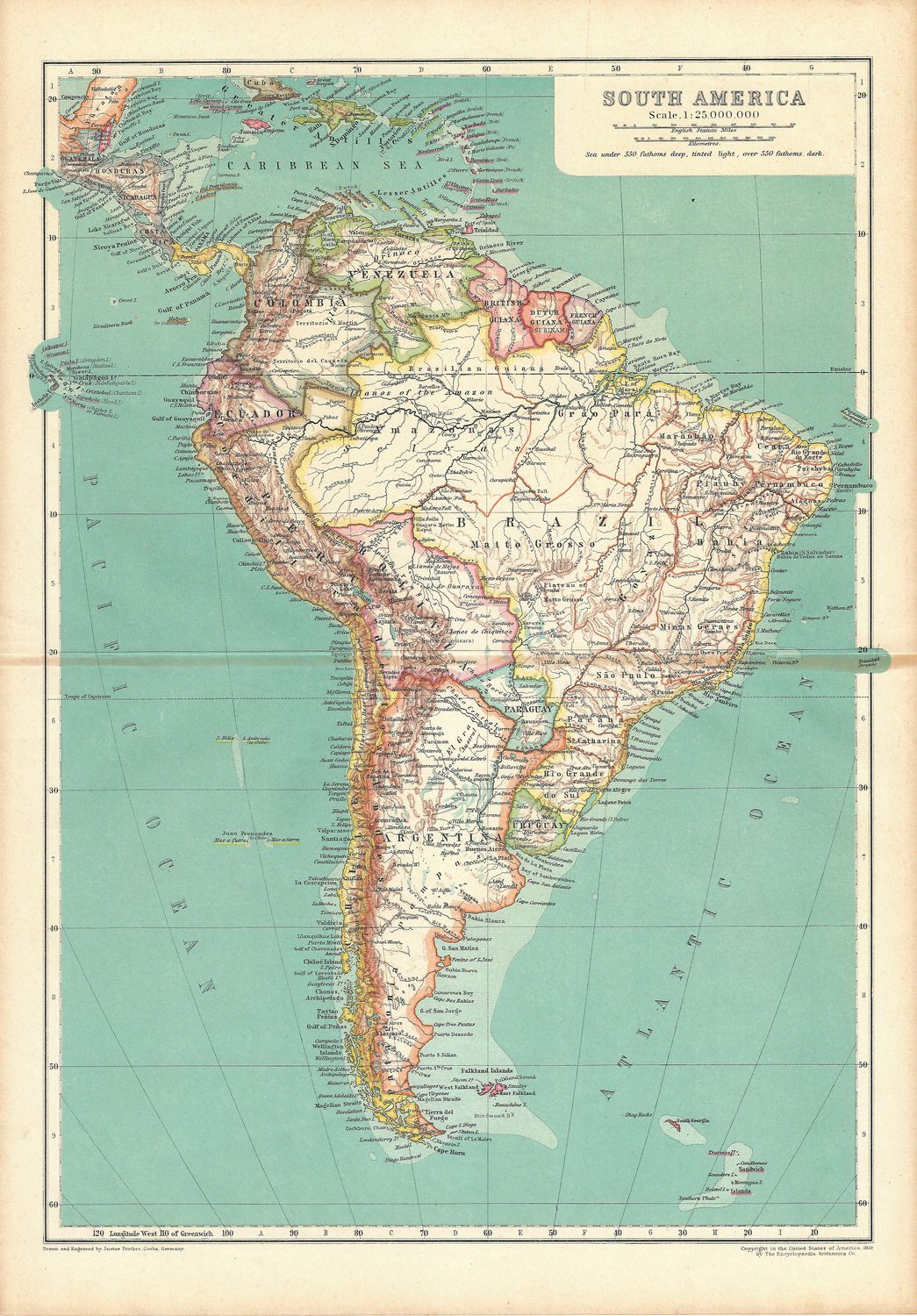1910 Map of South America by Justus Perthus