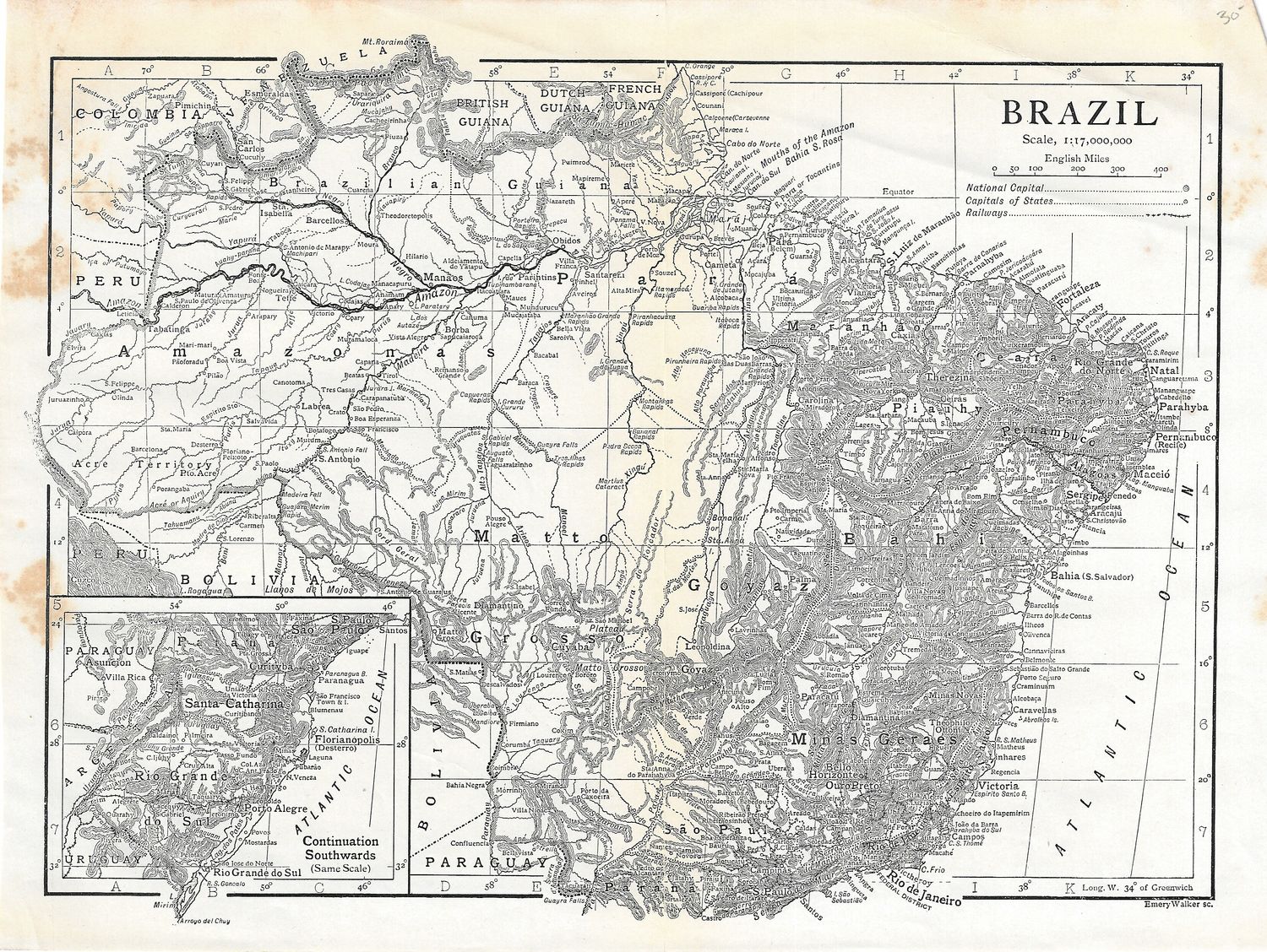 1910 Map of Brazil by Emery Walker