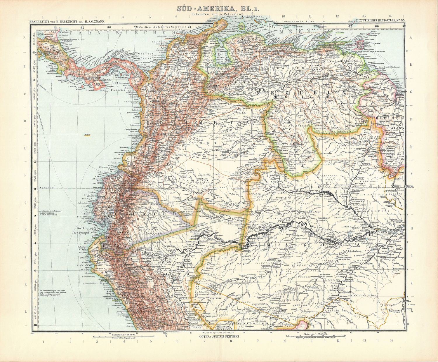 1912 South America - German Map North West Coast - Bl. 1  from Stieler&#39;s Atlas