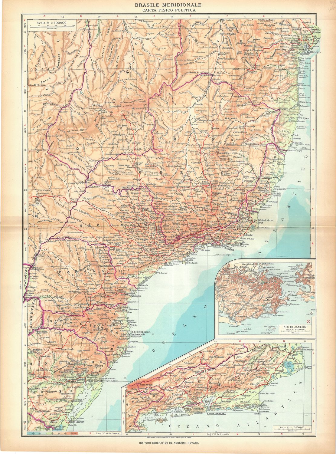 1934 Map of Brazil Meridionale with insert of Rio