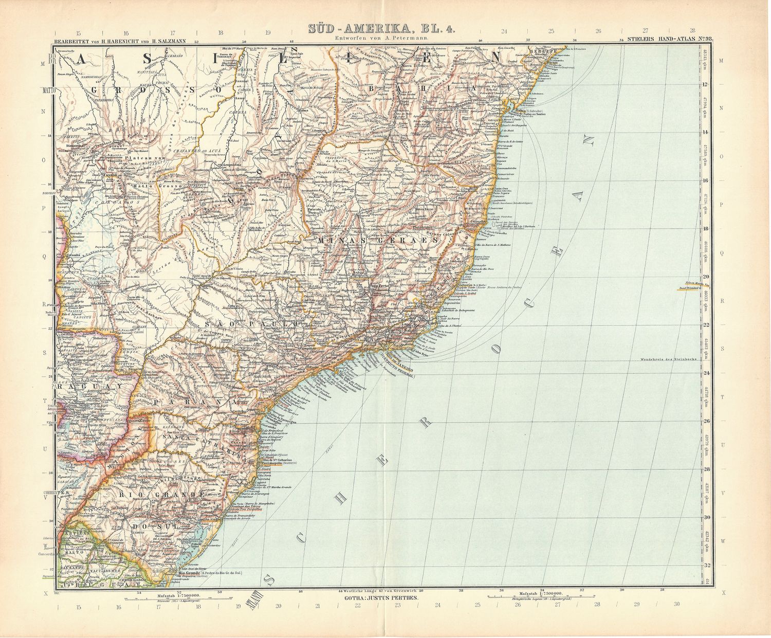 1912 South America - German Map of South West Coast- Bl. 3 from Stieler's Atlas