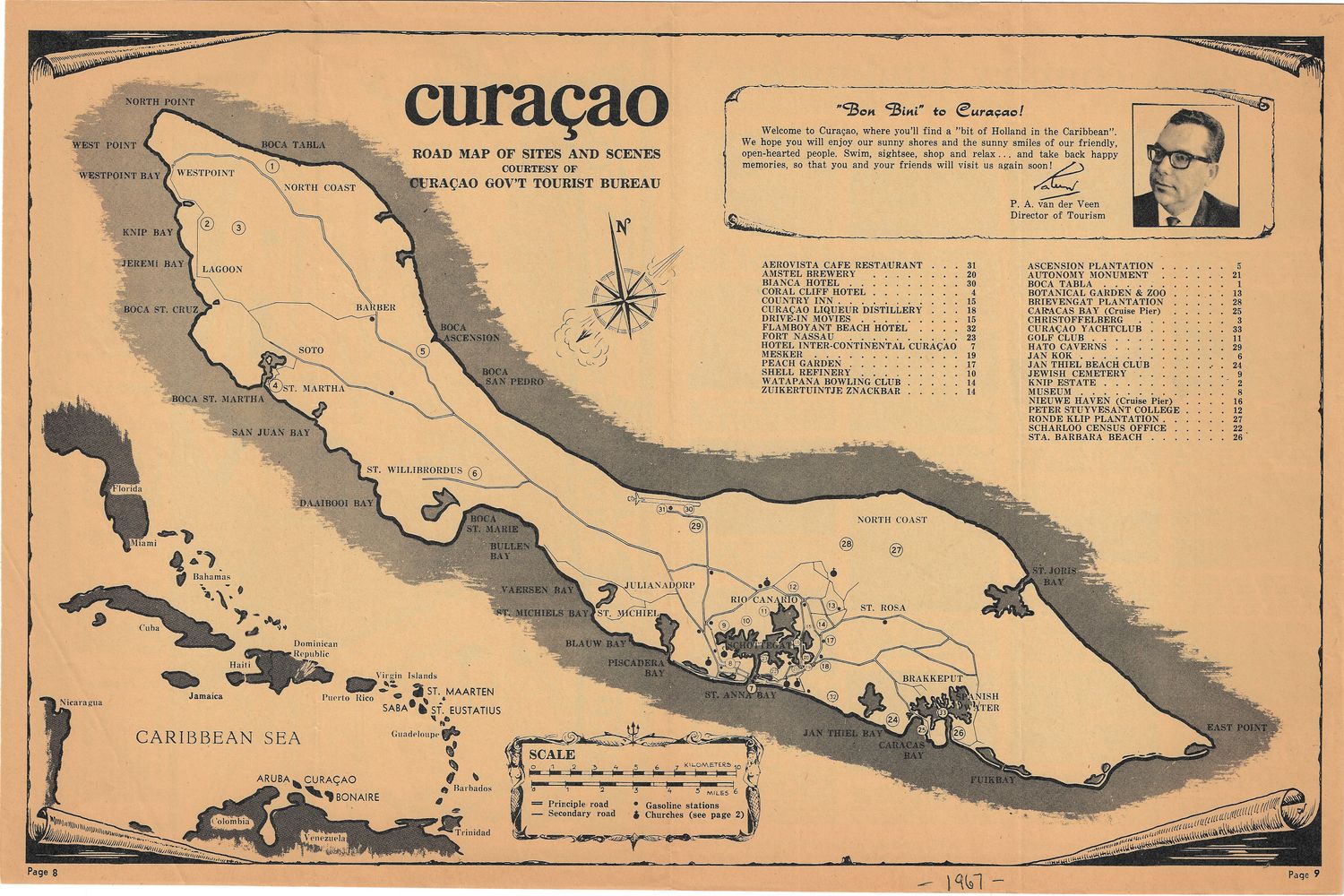 1967 Map of Curacao Island  from the Tourist Bureau