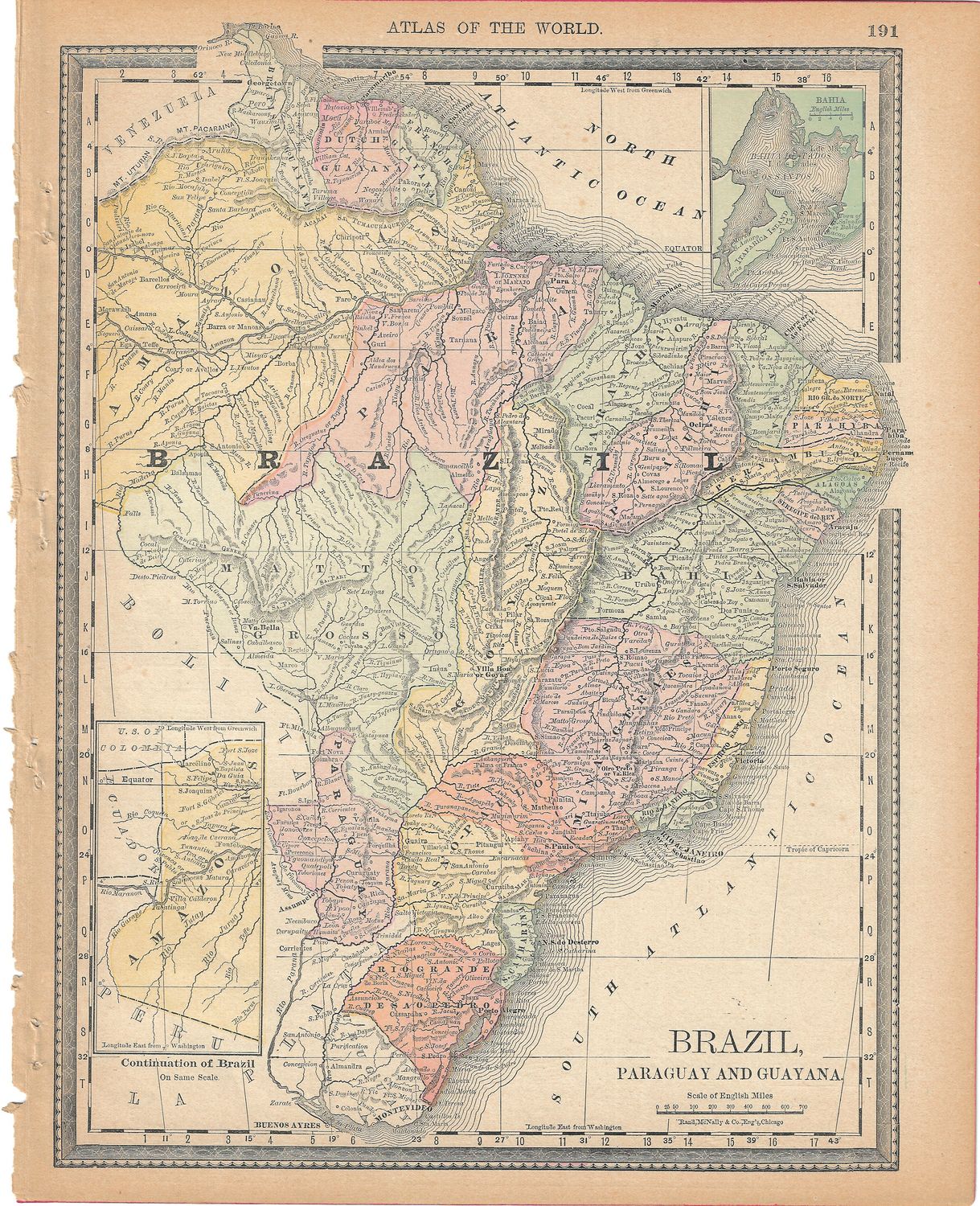 1891 Map of Argentina, Chile, Uruguay w/ plan of Buenos Aires  ,  Brazil on reverse by Rand McNally