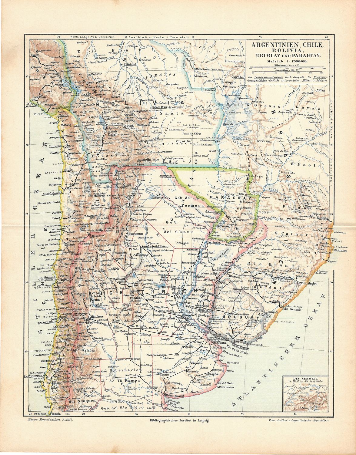 1906 Map of Argentina, Chile, Bolivia, Uruguay, Paraguay