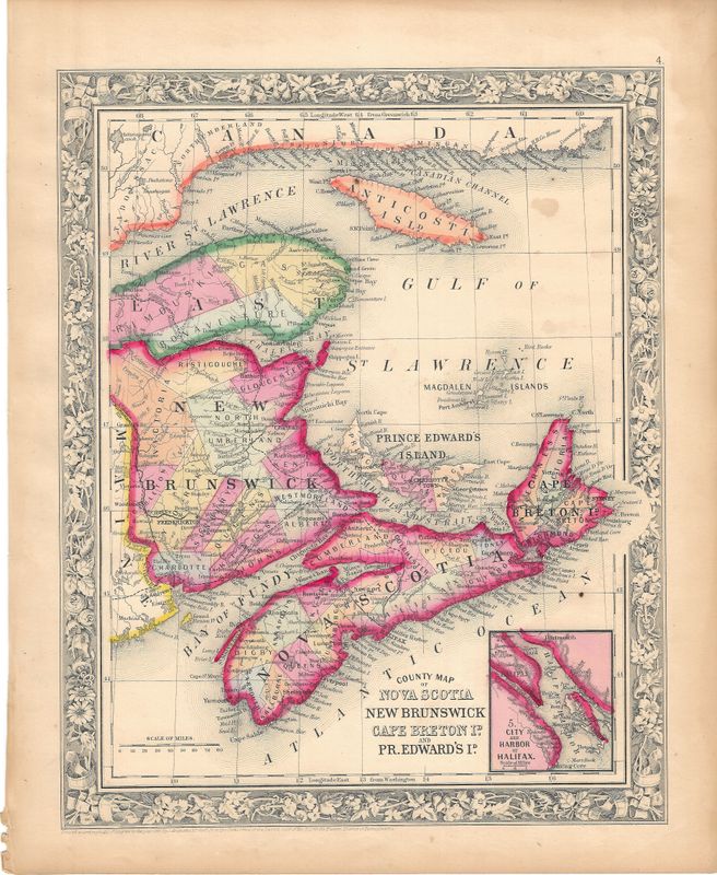 1860 County Map of Nova Scotia &amp; New Brunswick by S. Augutus Mitchell