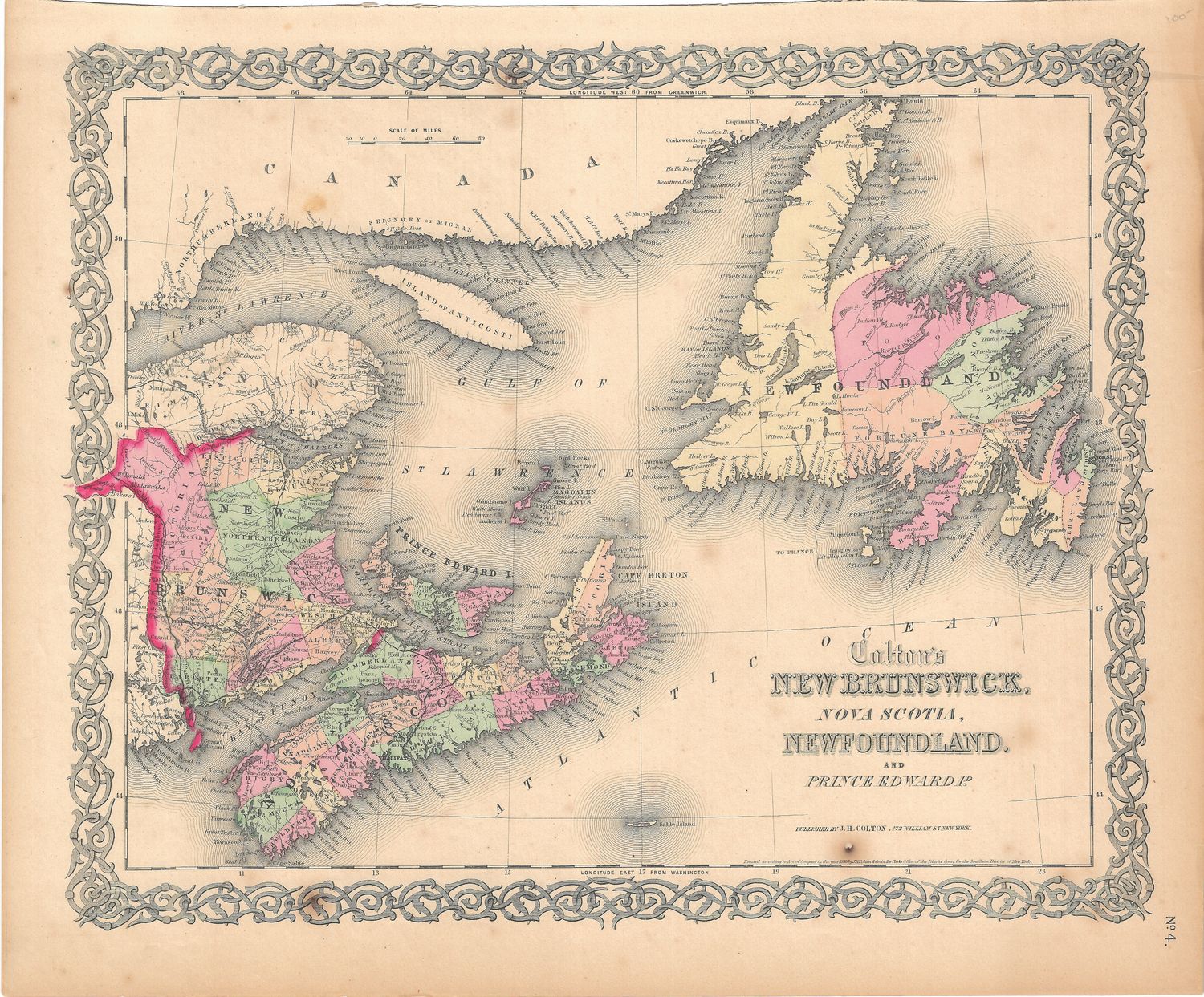 1855 Map of New Brunswick, Nova Scotia &amp; Newfoundland by JH Colton