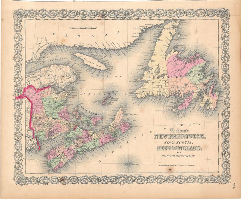 1855 Map of New Brunswick, Nova Scotia &amp; Newfoundland by JH Colton