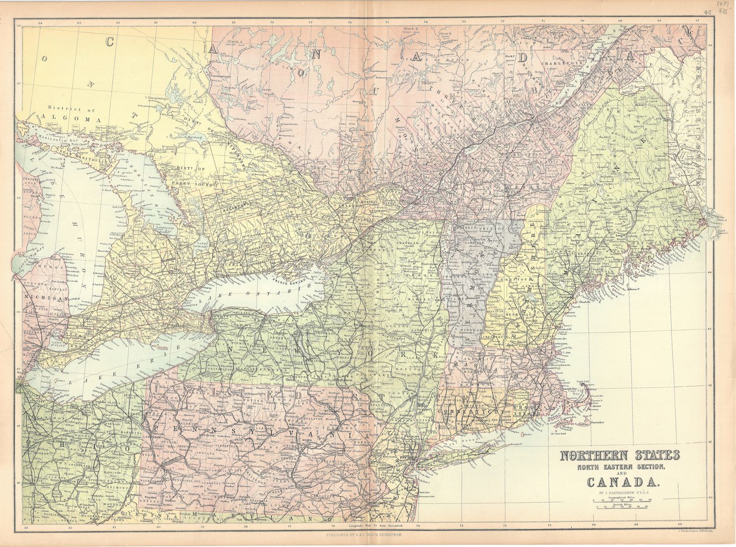 1879 Map of Northern States &amp; Canada by Bartholomew
