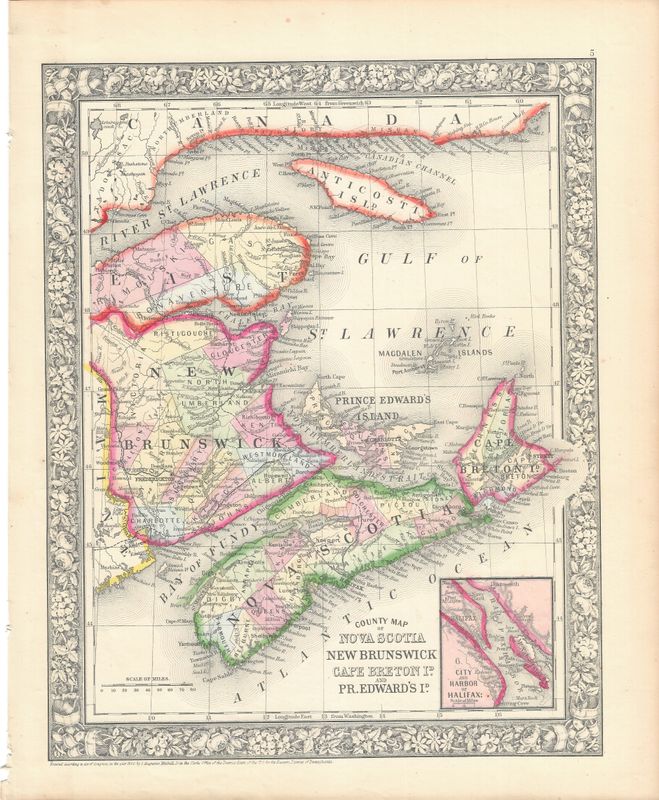 1866 (1860) Map of Nova Scotia, New Brunswick &amp; Cape Breton by S. Augutus Mitchell