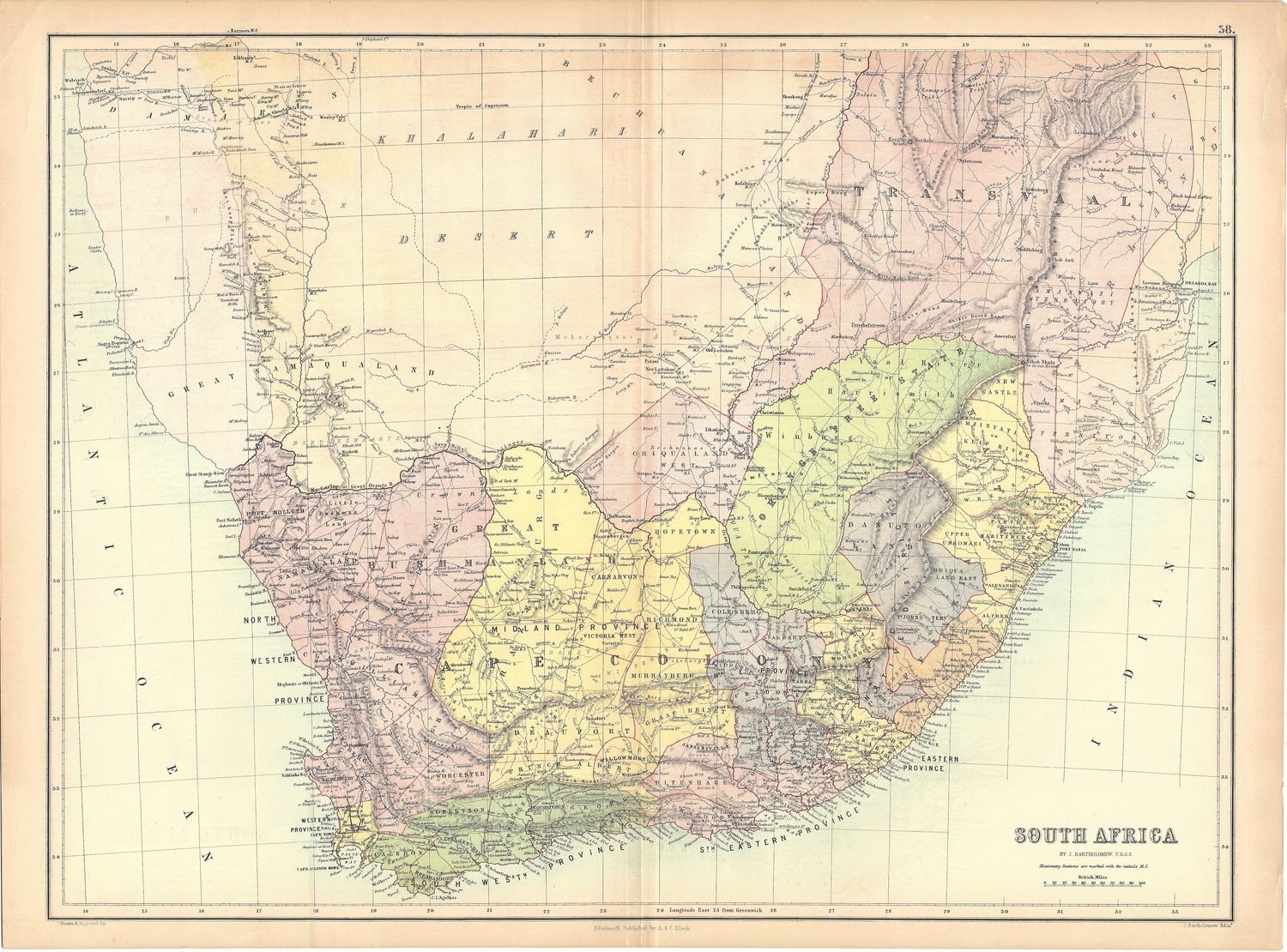 1879 Map of South Africa by J Bartholomew for A &amp; C Black