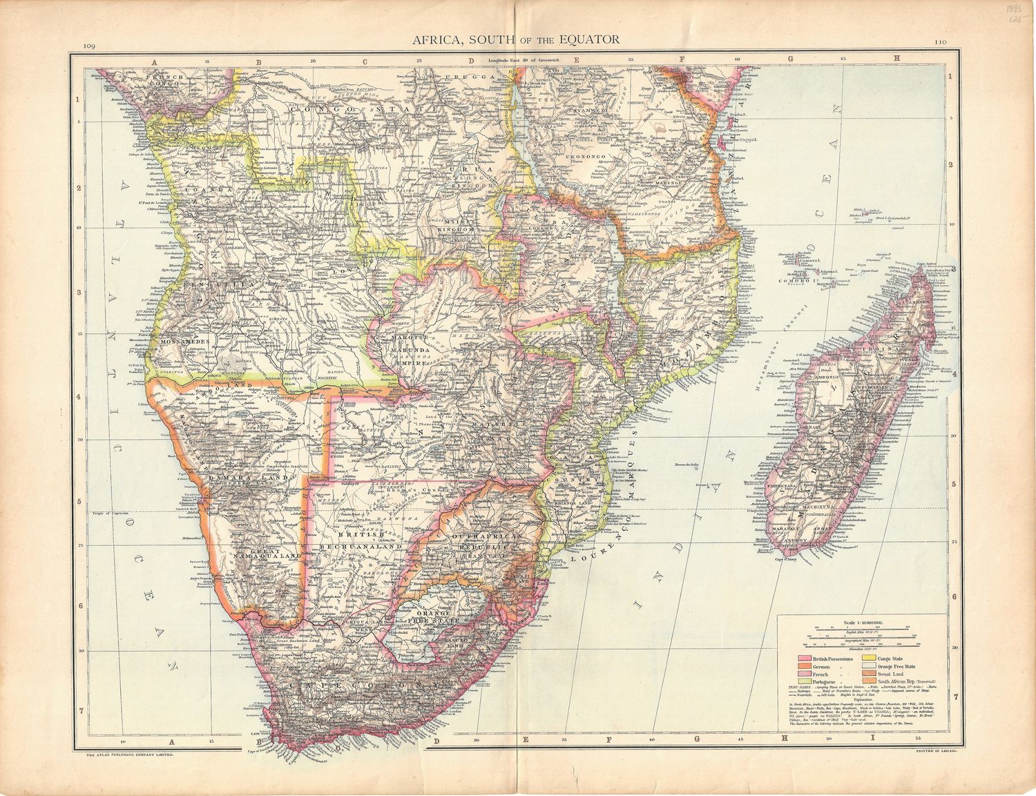 1893 Map of Africa - South of the Equator by Atlas Publishing Co.