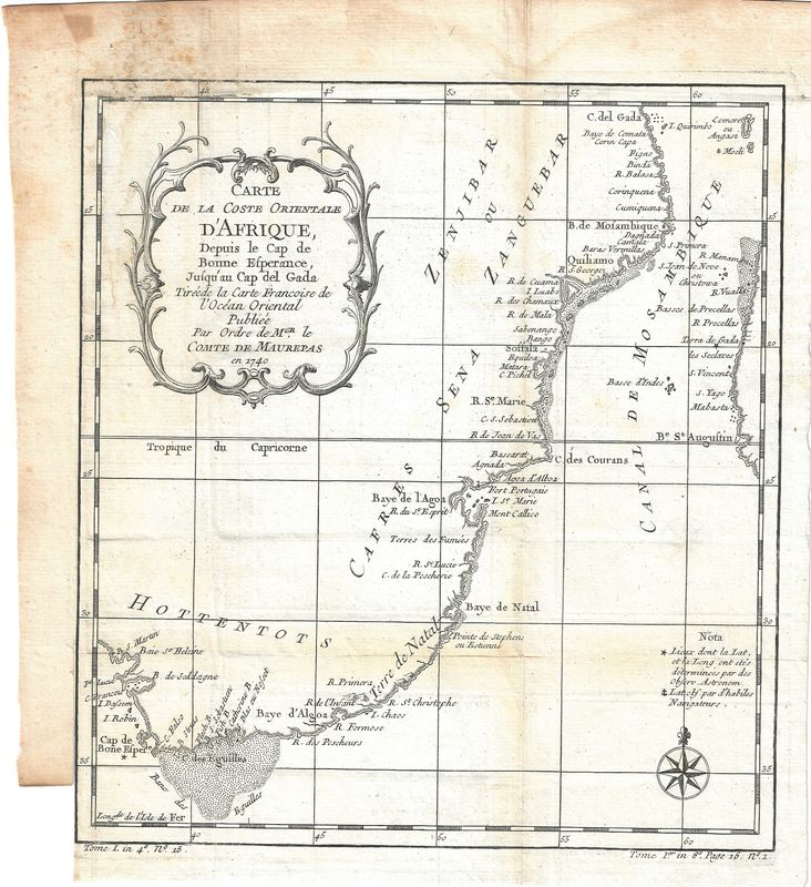 1740 Map of the Eastern Coast of Africa by S. Bellin