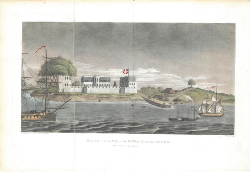 1807 View of Bance (Bunce) Island in the River Sierra Leone with hand color