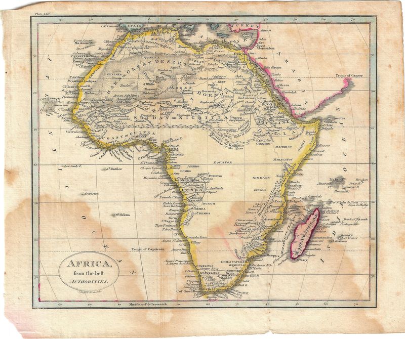 1808 Map of Africa by John Russell - water stain