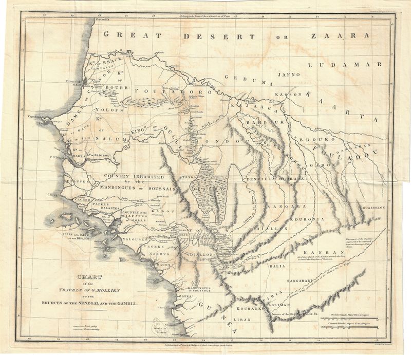 1820 Chart of the Travels of Gaspard Mollien, Map of Senegal and the Gambia, West Africa