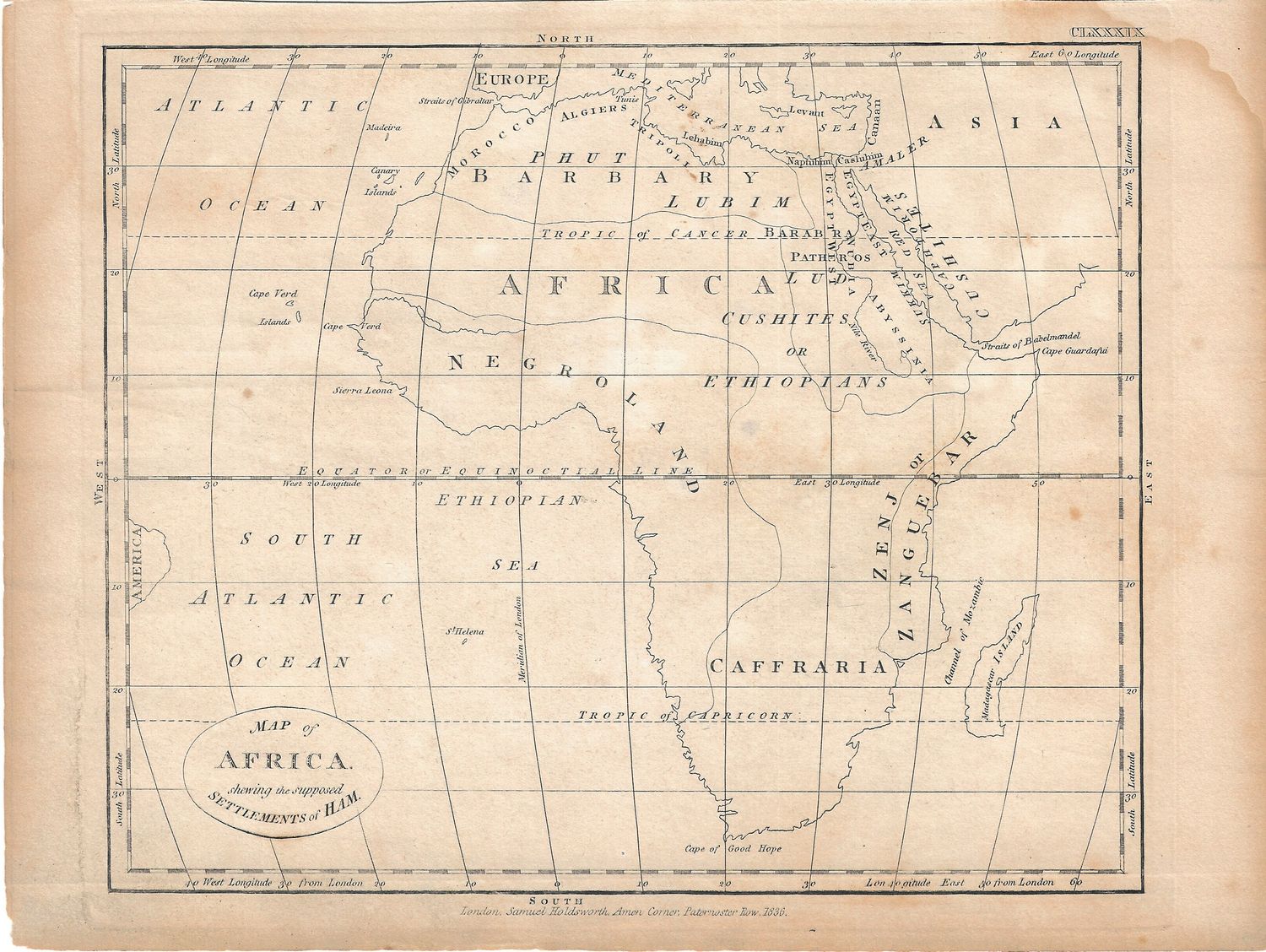 1836 Map of Africa showing settlements of Ham by Holdsworth