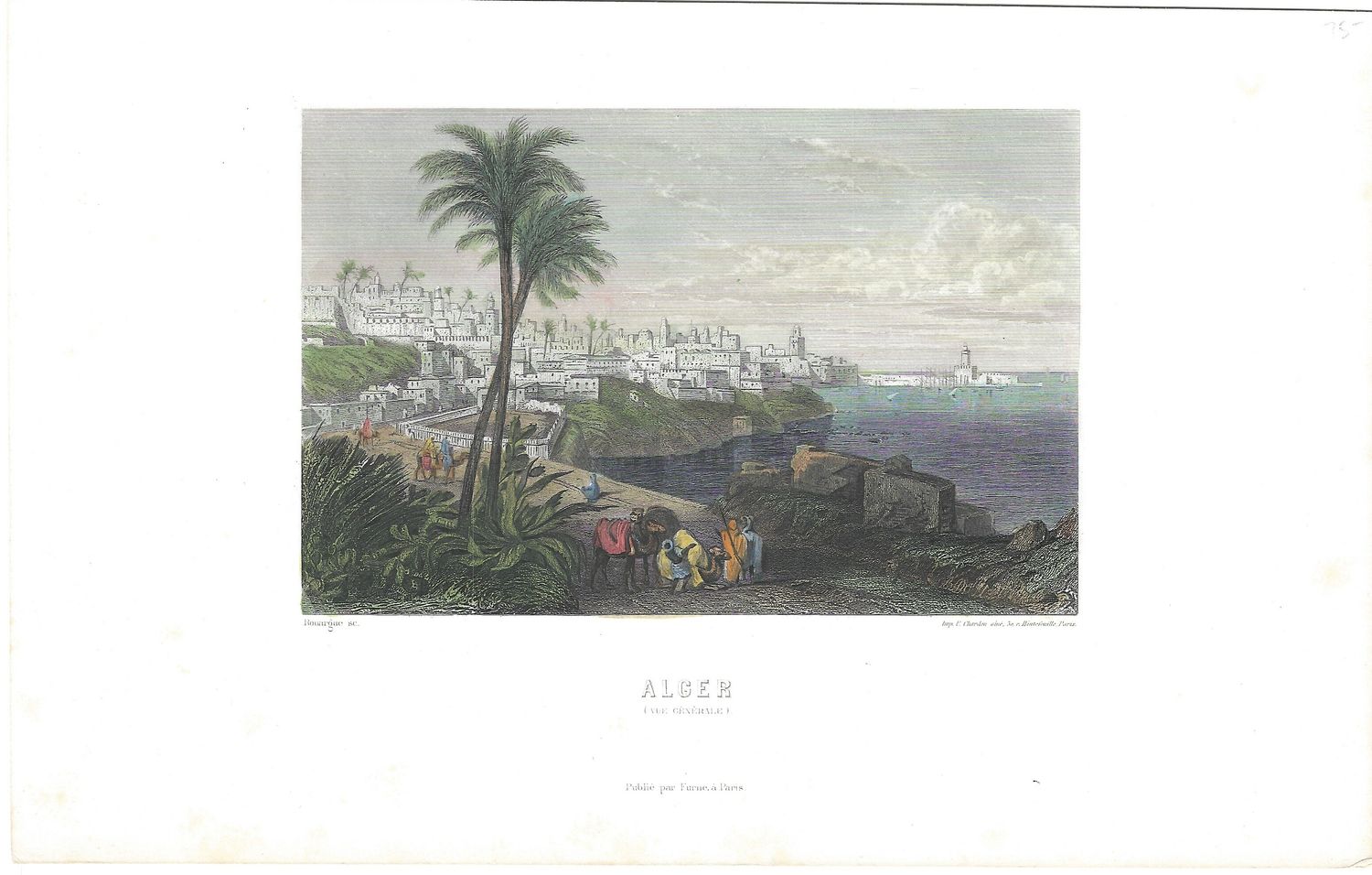 1845 View of Alger , a steel engraving  with hand color
