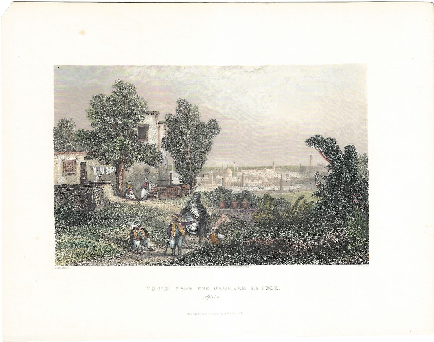 1845 (1839) View of Tunis , a Steel Engraving with Hand Color