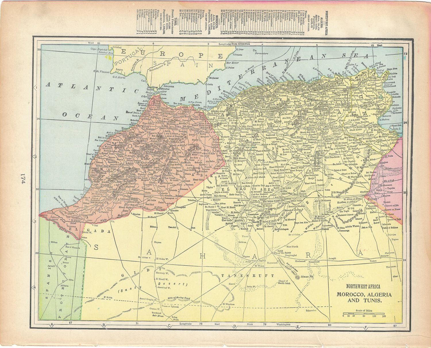 1903 Index Map of Morocco , Algeria &amp;Tunisia by Cram