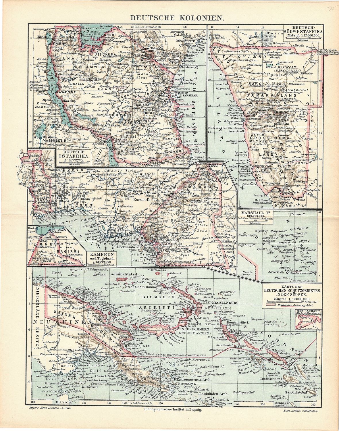 1912 Map of German Colonies in Cameroon, E Africa, SW Africa &amp; SE Asia by Leipzig Publishing Co.